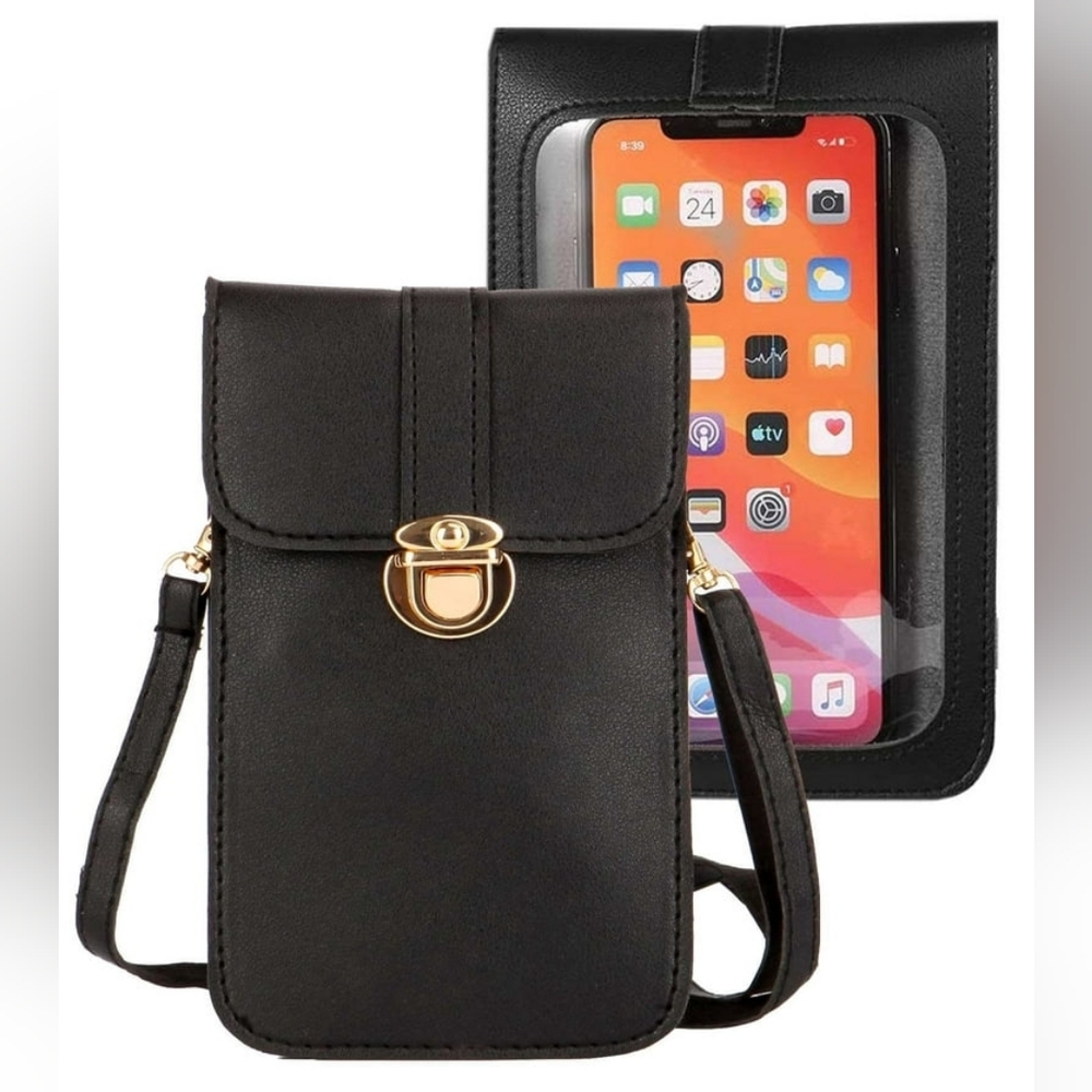 Black Crossbody Phone Bag with Gold Clasp